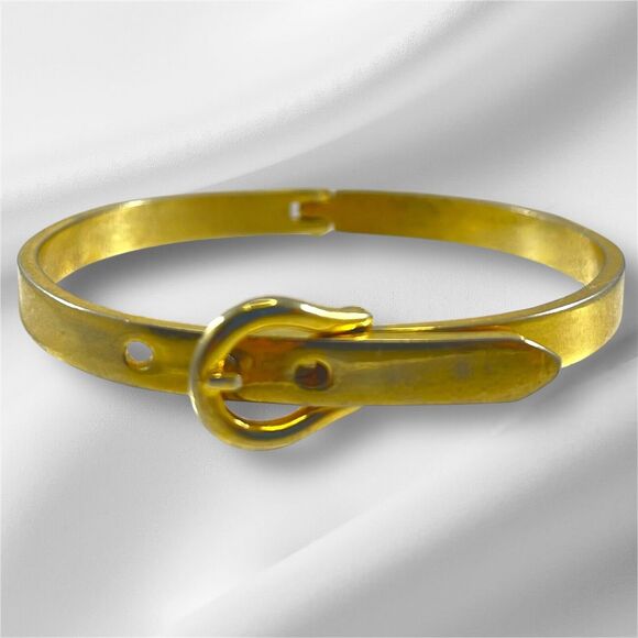 Goldtone Belt Bracelet with Adjustable Buckle Design, Hinge Opening, 7", Vintage - Picture 1 of 6